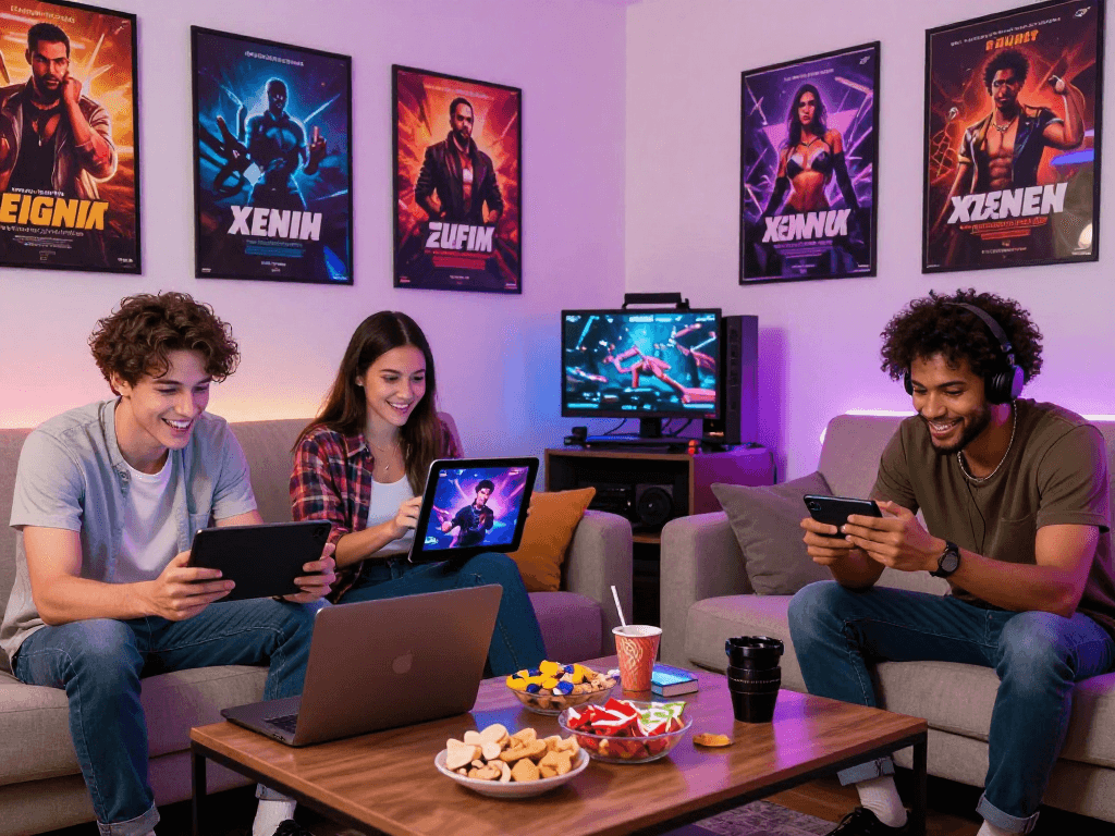 Friends playing engaging porn games online in a vibrant living room setting.