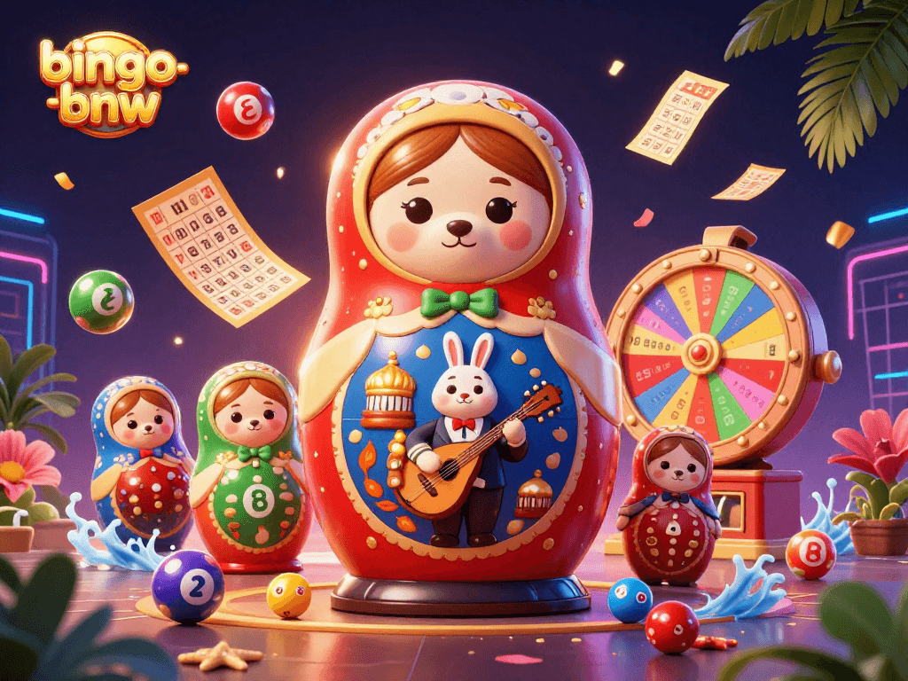 Bingo-bnw showcases a vibrant scene featuring a Matryoshka bear and lucky lottery balls in an engaging online gaming experience.