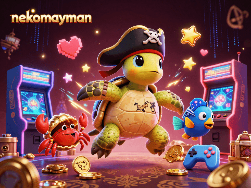 Experience the thrill of nekomayman as a cartoon pirate turtle with treasures and gaming machines surround them.