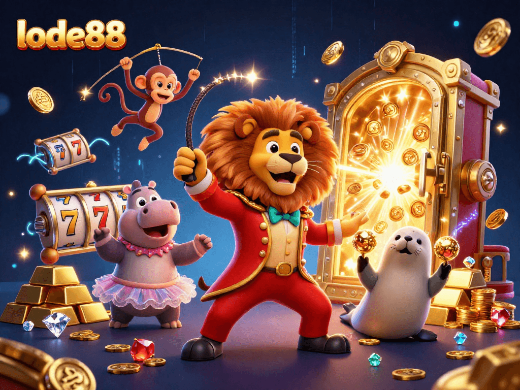 Experience the vibrant world of lode88 with lively circus characters amid jackpot thrills.