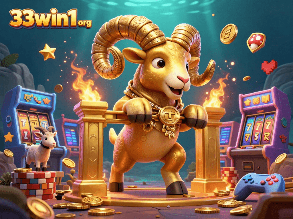 Experience excitement at 33win1 org with a lively scene of a golden ram charging through vibrant slots.