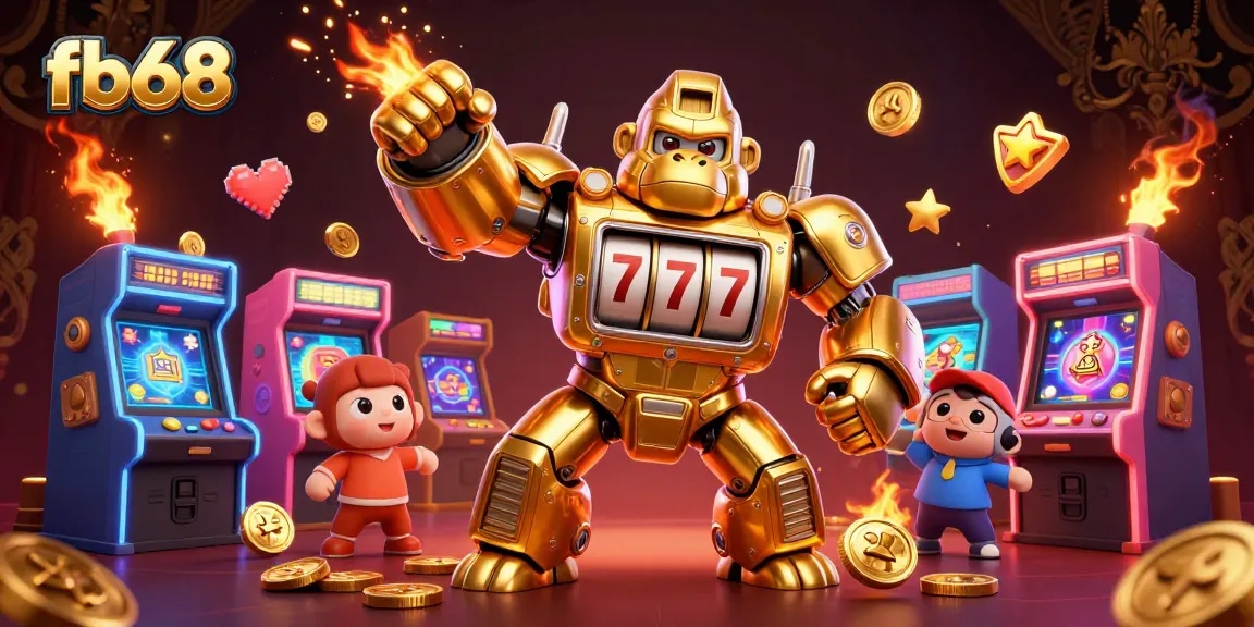 Experience explosive wins at fb68 with a vibrant 3D scene of a golden gorilla mech amidst dynamic casino elements.