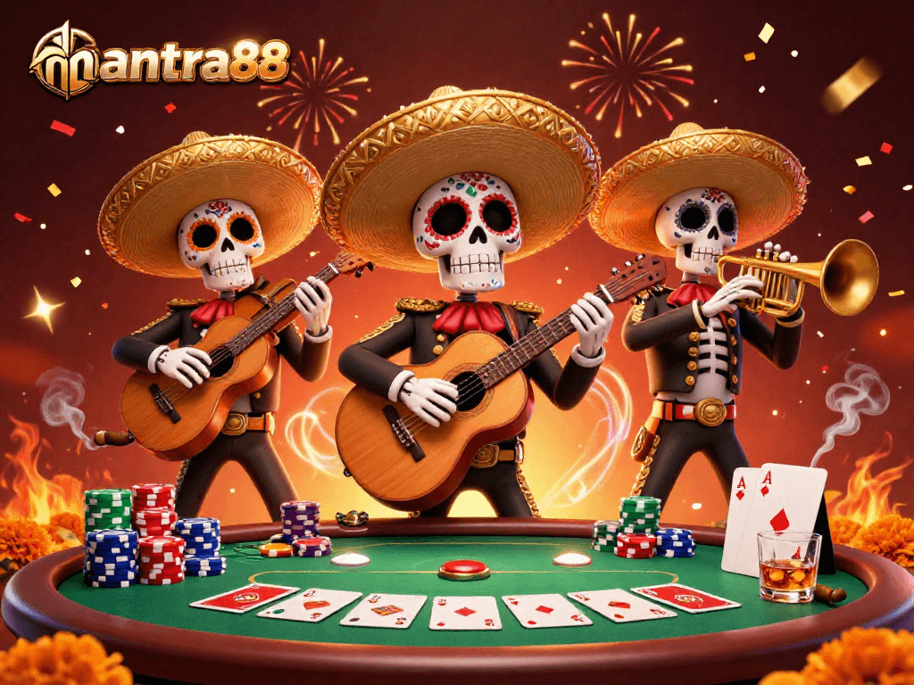 Experience the thrill at mantra88 with vibrant 3D mariachi characters at a lively poker table.