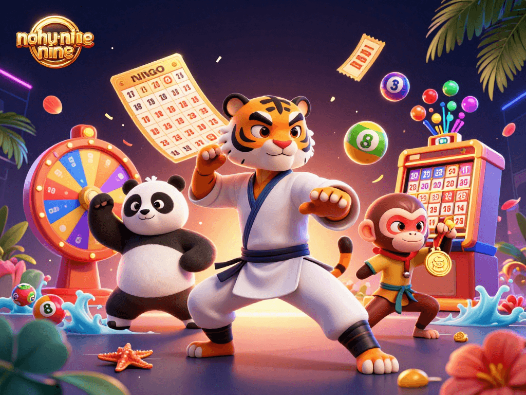 Experience the excitement of nohu-nine with vibrant cartoon characters amidst a lively casino scene.