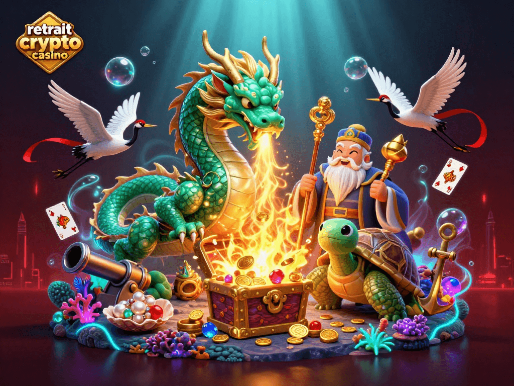 Retrait crypto casino : dragon émeraude et tortue sage entourés de trésors et cartes, ambiance immersive.