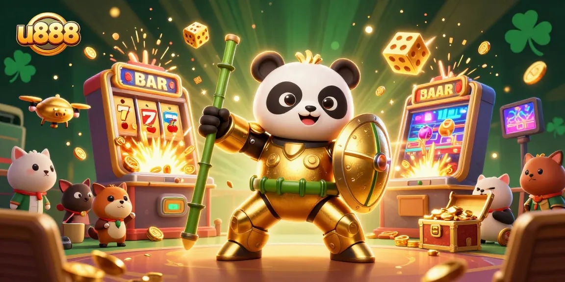 Spin the reels at u888's vibrant casino arena with a golden panda robot amid jackpot excitement.