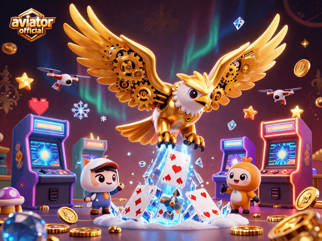 aviator official showcases a dynamic 3D cybernetic eagle surrounded by arcade machines and casino elements