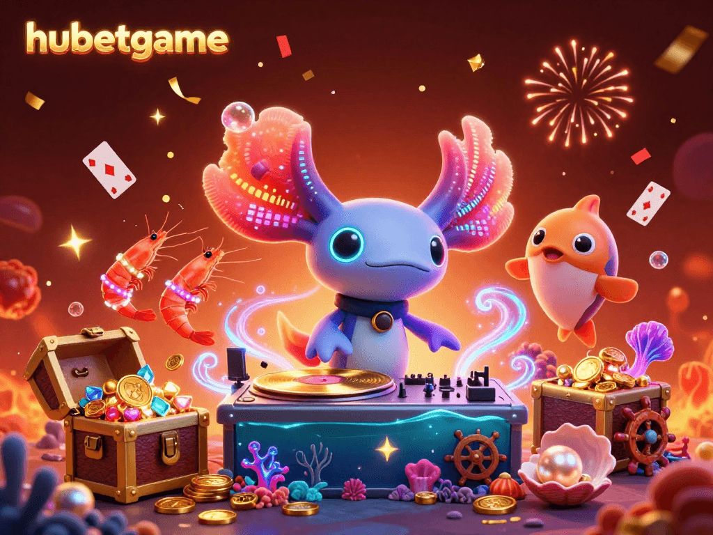 Experience the thrill of hubetgame as a neon axolotl DJ spins records in an underwater casino scene.