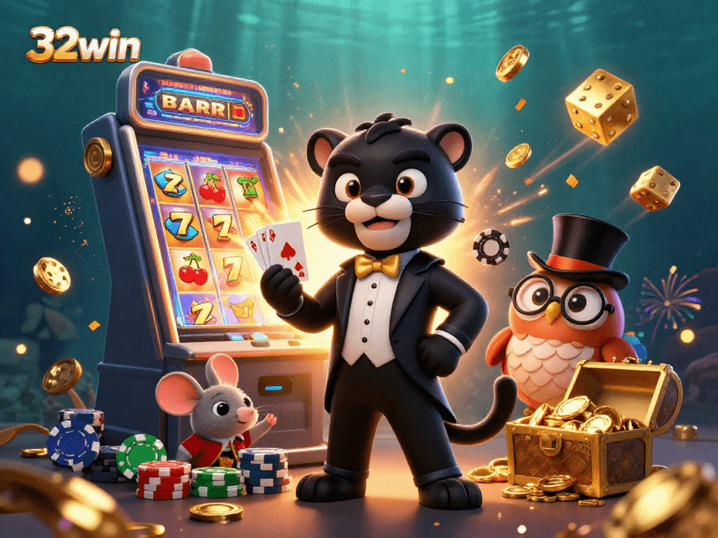 32win card dealing panther engages players with a lively casino gaming scene.