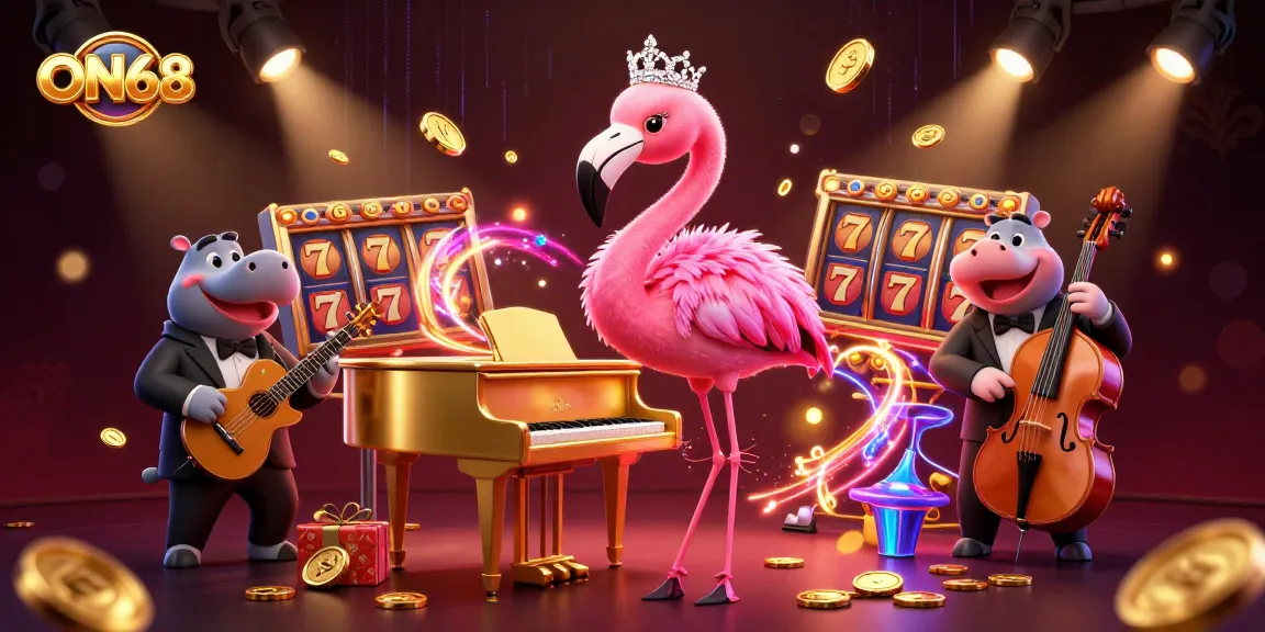 Experience the thrilling gaming atmosphere at ON68 with vibrant casino characters and dynamic slot elements.