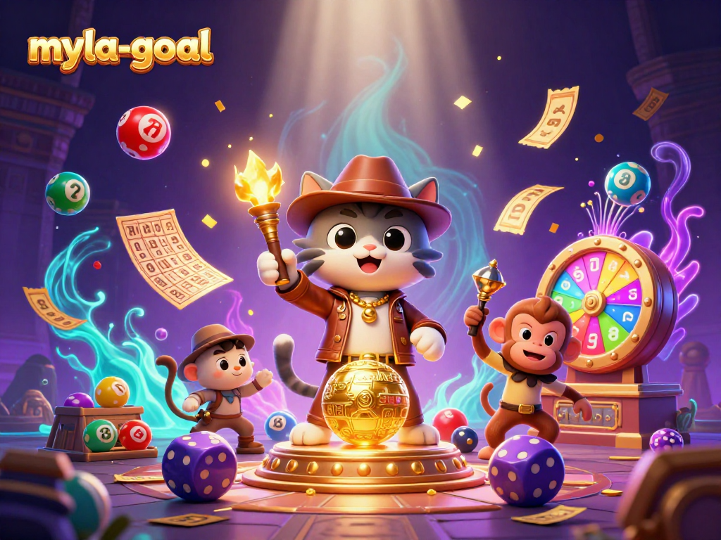 Engage with myla-goal as a cartoon explorer cat discovers treasures amid vibrant casino artifacts.