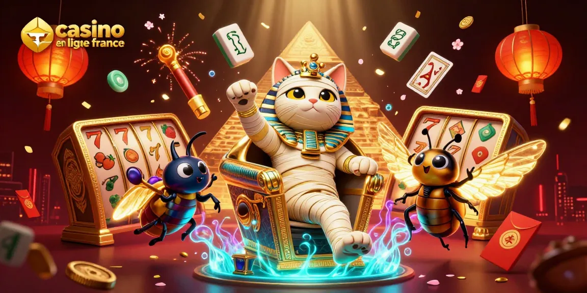 Rejoignez le monde du casino en ligne France avec un chat momie égyptien dans une scène animée.