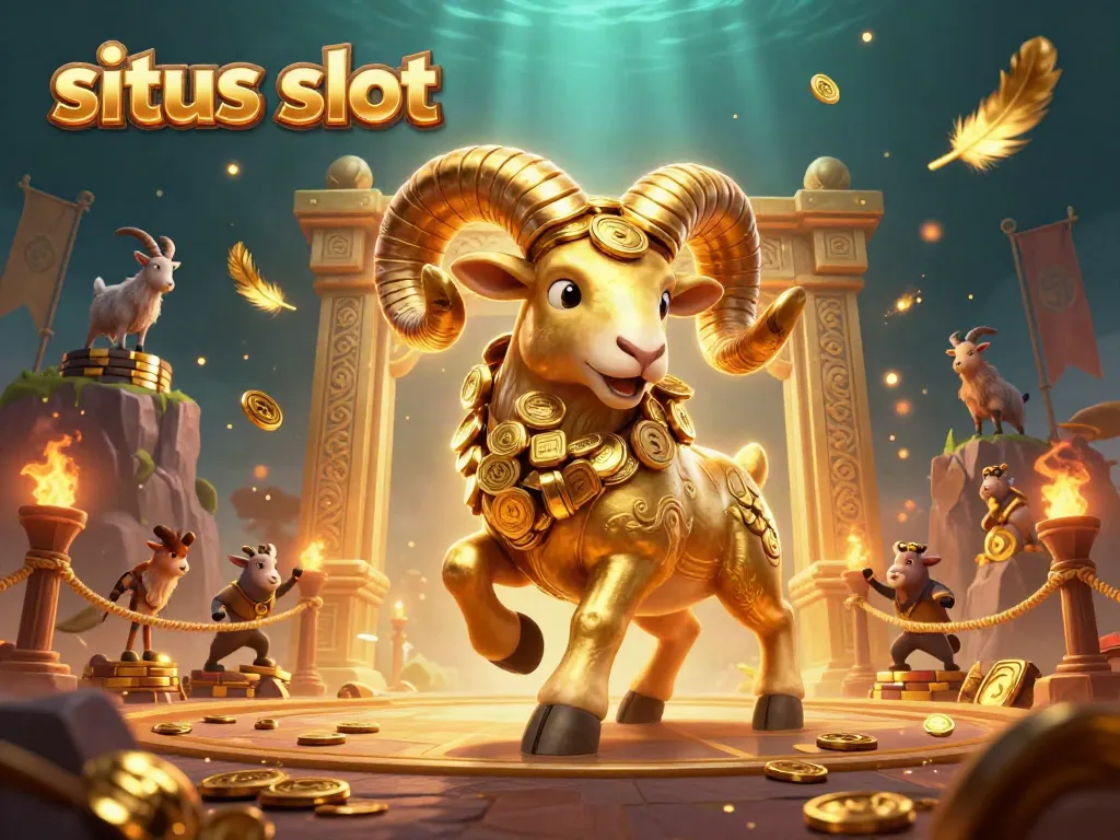 Experience situs slot excitement with a golden ram charging through a casino arena.