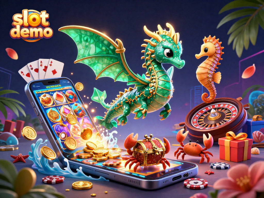 Menghasilkan slot demo yang menarik dengan ilustrasi 3D karakter, ponsel, dan elemen kasino berdinamika.