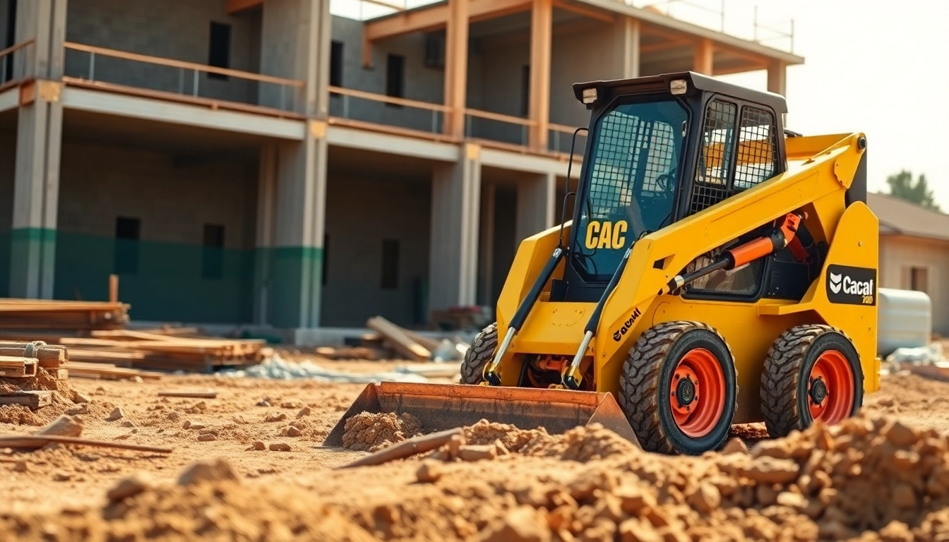 Bobcat operating in construction site, showcasing dynamic machinery in action.