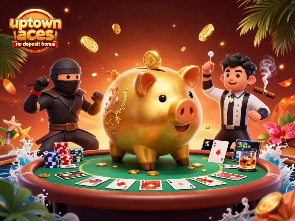 Experience the uptown aces no deposit bonus with a vibrant 3D illustration of casino characters and action.