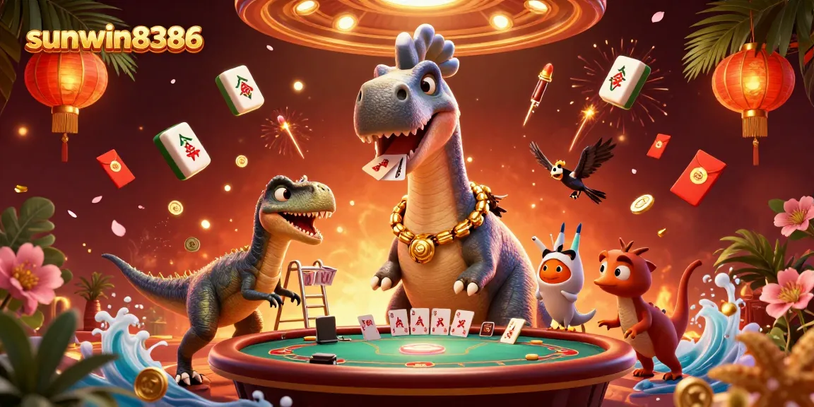 Engage with sunwin8386 for a lively gaming experience featuring a brontosaurus and clever raptor in a vibrant casino.