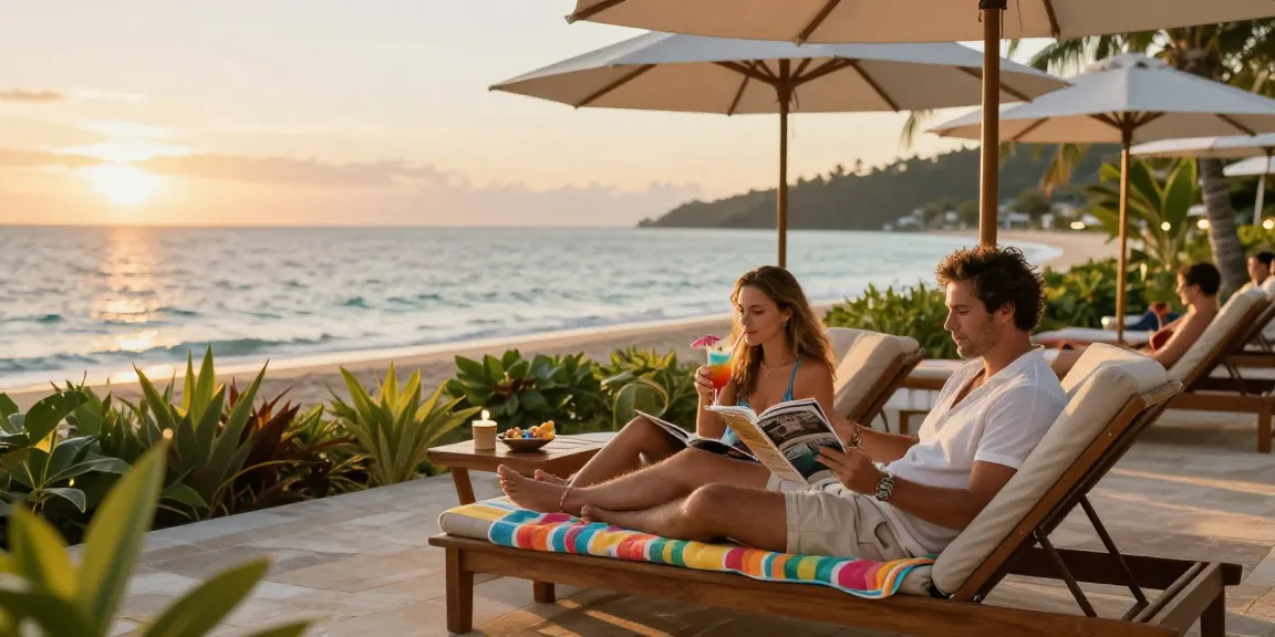 LUXURY111: Pasangan menikmati momen santai di resor pantai mewah dengan pemandangan laut yang cantik.