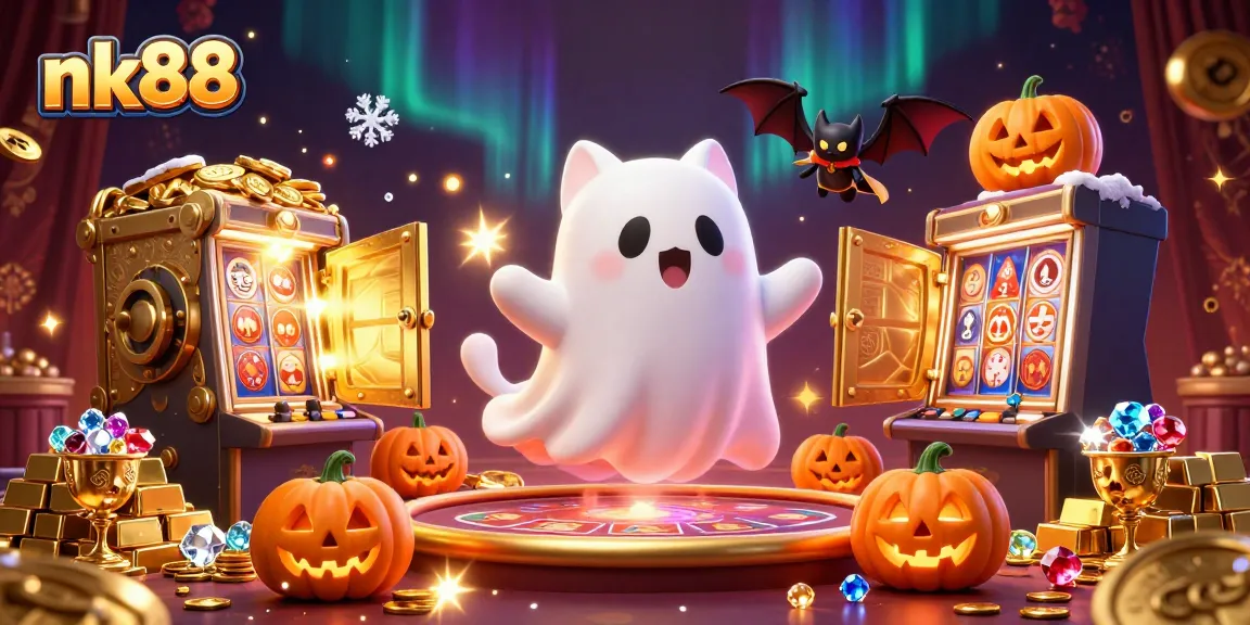 Win big at nk88 with a dazzling ghost cat and vampire bat in a vibrant casino scene.