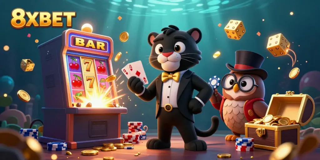 Experience the excitement of 8XBET with a dynamic 3D illustration featuring a stylish panther dealer and a variety of casino elements.
