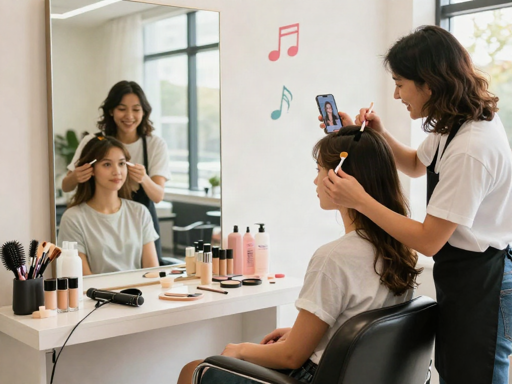 How old do I look? Young woman in a salon chair receiving beauty treatment while analyzing age estimation on her phone.