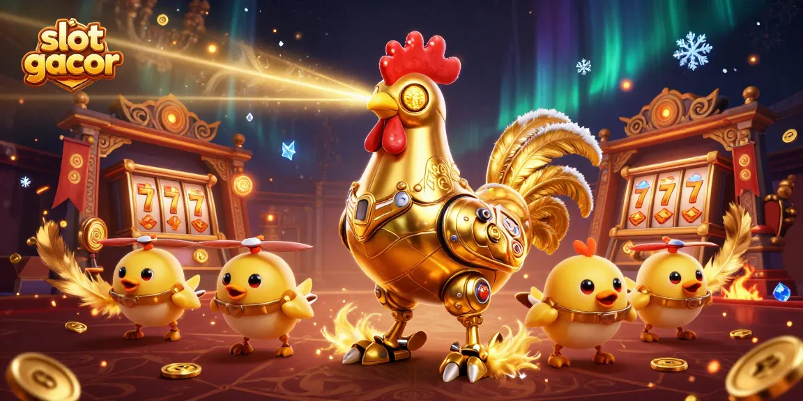 Engage with slot gacor gameplay in this vibrant 3D cartoon illustration featuring a golden rooster robot.