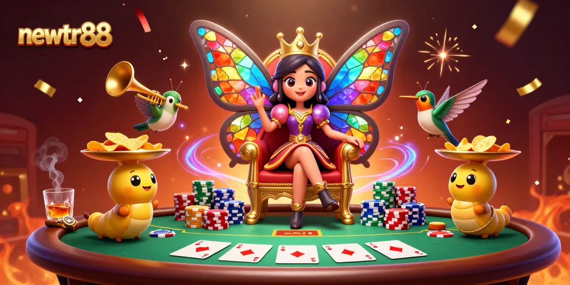 Experience the excitement of newtr88 with colorful poker scenes featuring a butterfly queen and dynamic casino elements.