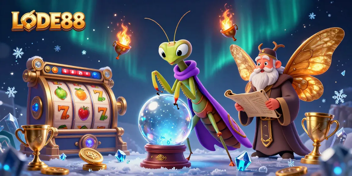 Engage with LODE88’s slot games featuring an enchanting fortune teller and a wise moth in a magical casino scene.