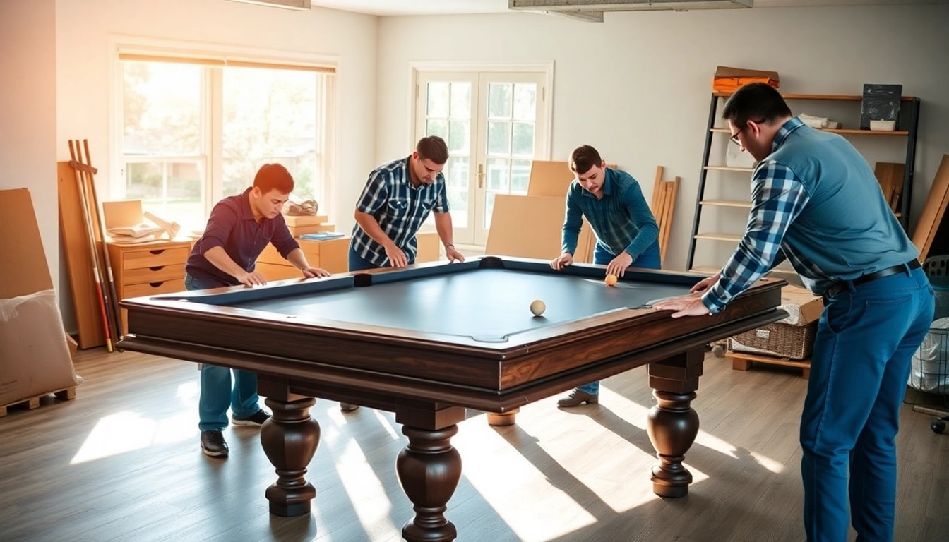 Professional game table movers services in action, disassembling a pool table.