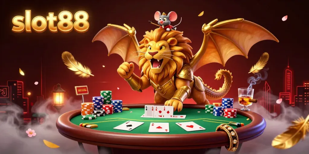 Experience exciting gameplay at slot88 with a golden chimera and poker-themed scene.