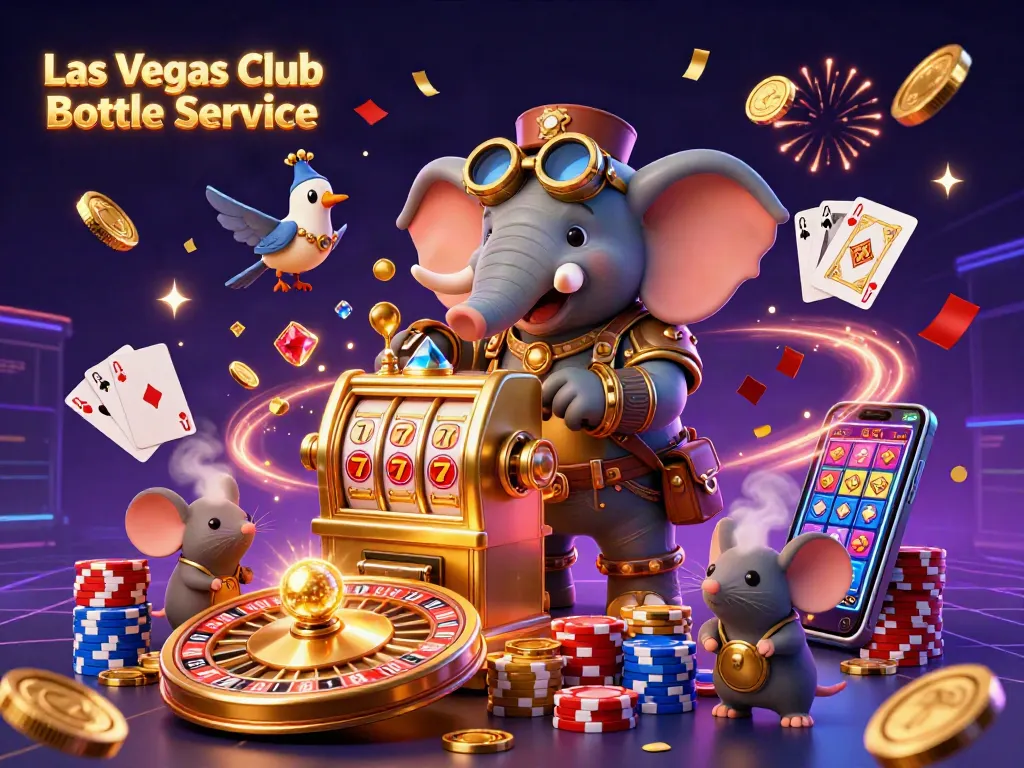 Experience Las Vegas Club Bottle Service with a steampunk elephant and a vibrant casino scene.