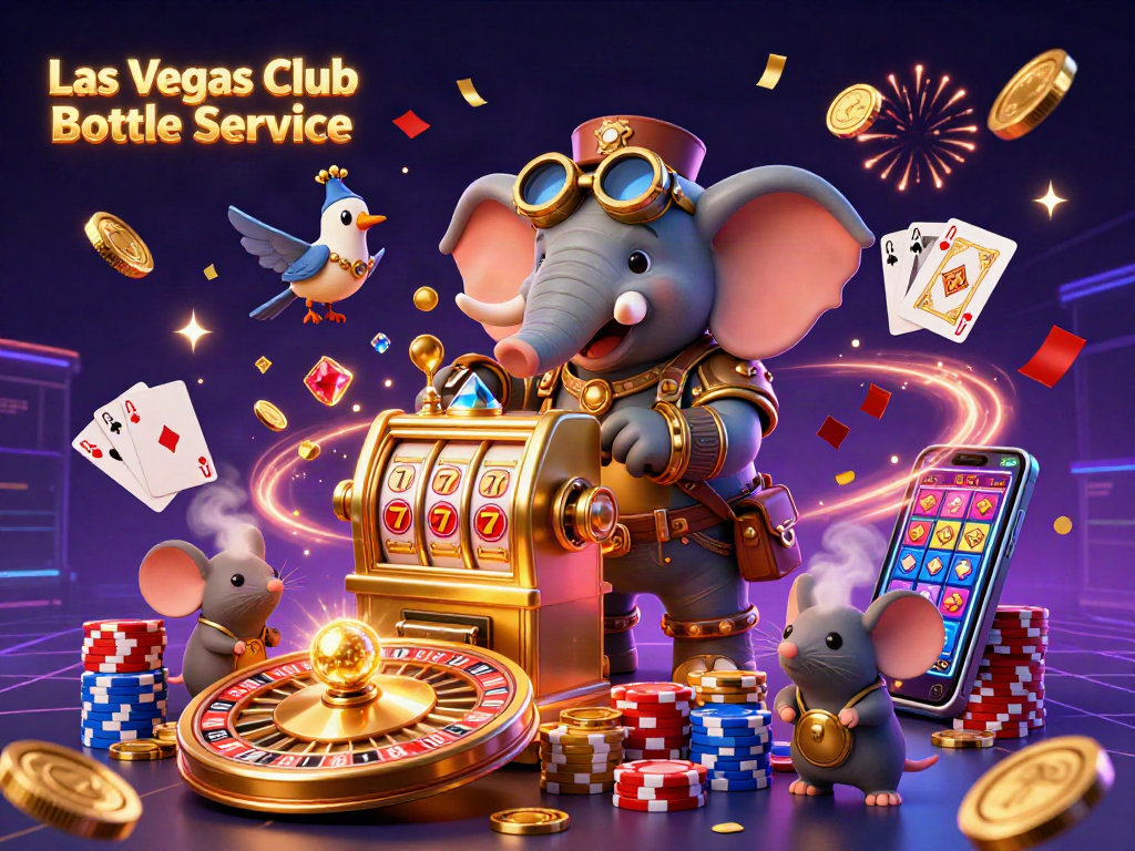 Experience Las Vegas Club Bottle Service with a steampunk elephant and a vibrant casino scene.