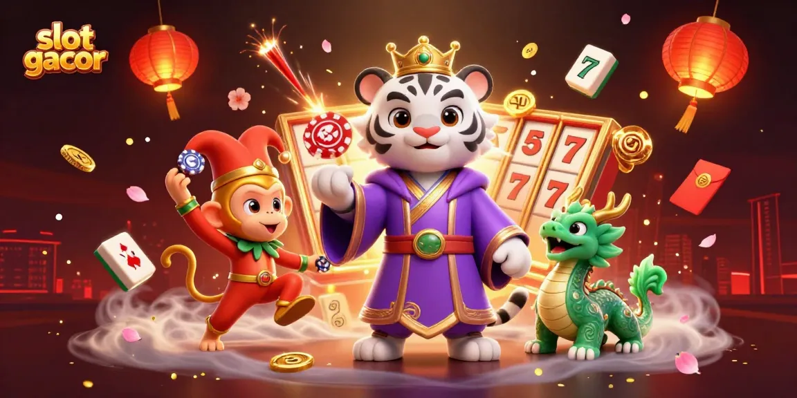 Spin the slot gacor reels with luck as playful characters celebrate casino vibes in a vibrant scene.