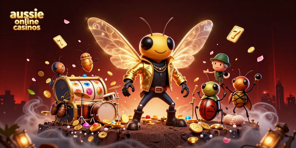 Aussie online casinos scene showcasing a cicada rock star, drummer beetle, and vibrant gaming elements.