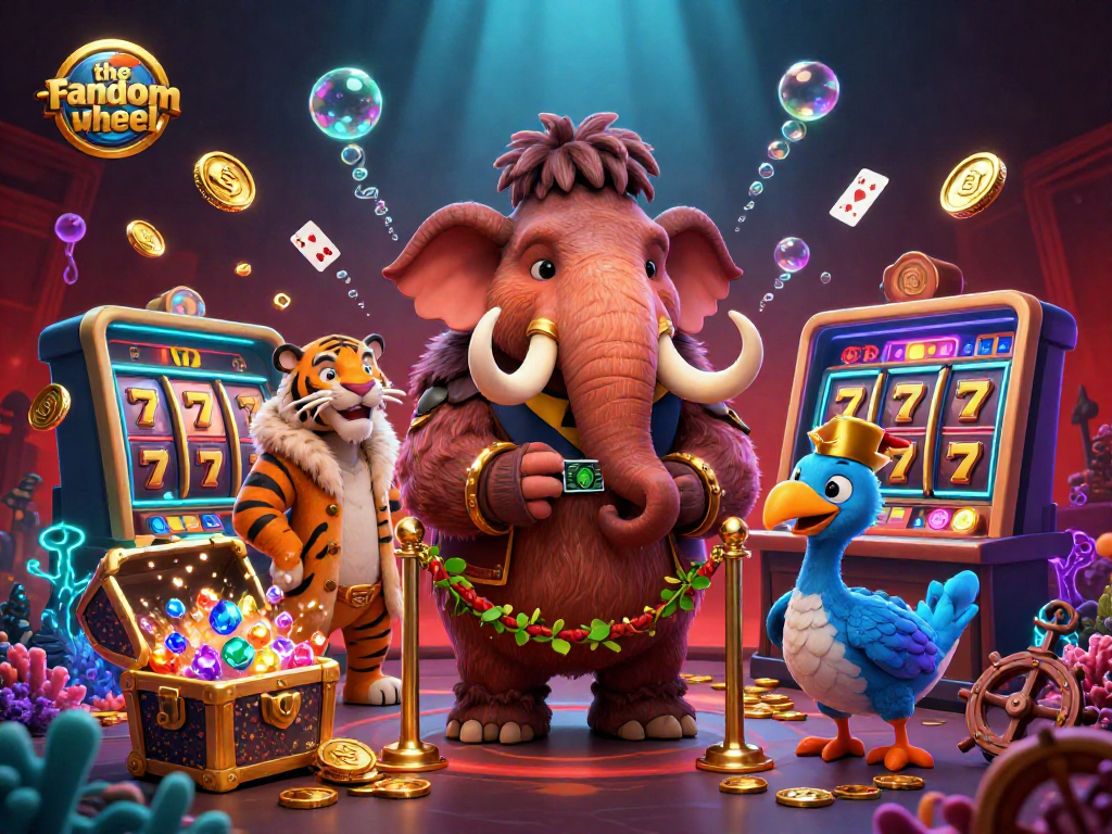 Engage with the-random-wheel in a vibrant casino scene featuring a woolly mammoth bouncer and slot machines.