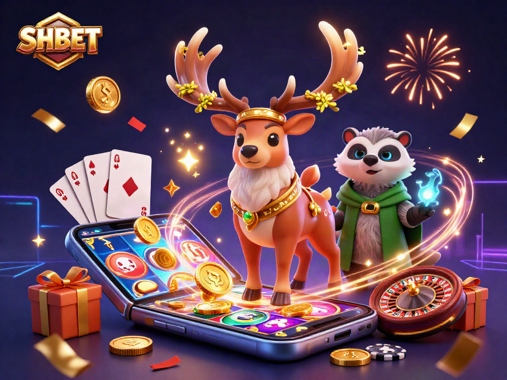 Engage with SHBET's thrilling gaming experience featuring a Celtic druid stag and lively casino elements.