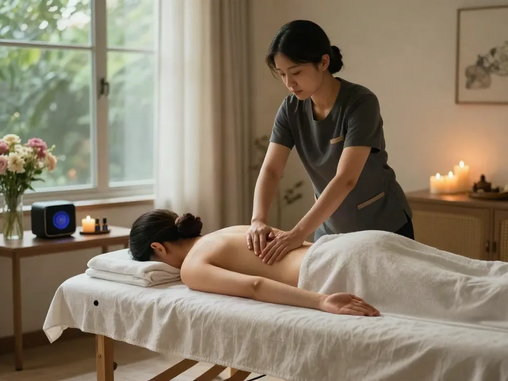 브라보출장 massage therapy session in a serene home setting.
