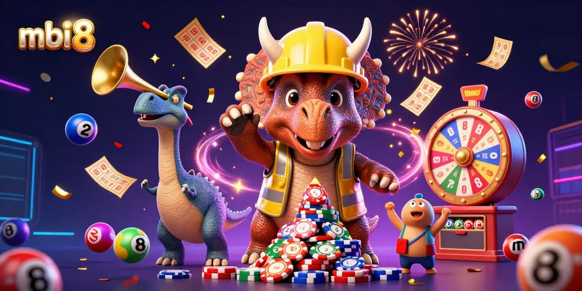 Join the excitement of mbi 8 as a triceratops builds poker chip pyramids amidst a vibrant casino celebration.
