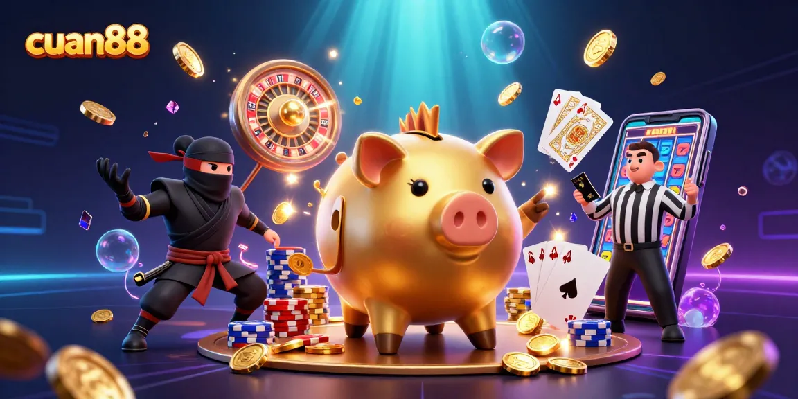 Menampilkan cuan88, kasino virtual ceria dengan karakter piggy bank emas besar dan ninja dalam aksi
