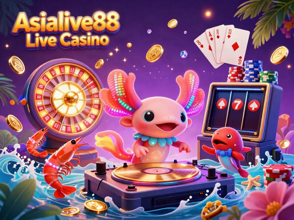 Engage with thrilling Asialive88 Live Casino gameplay featuring vibrant axolotl DJ and dynamic casino elements.