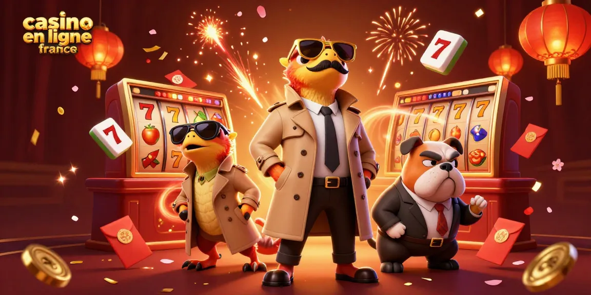 Joue dans un casino en ligne France avec des raptors et un bulldog, ambiance festive.