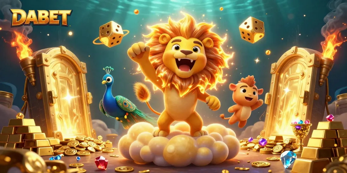 DABET brings excitement with a triumphant lion and golden treasures in a vibrant casino scene.