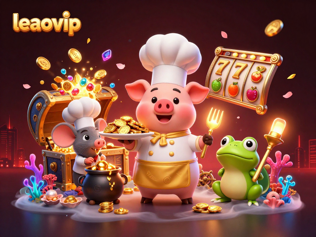 leovip menyajikan koin emas sebagai makanan gourmet, dikelilingi simbol permainan slot dan harta bawah laut.