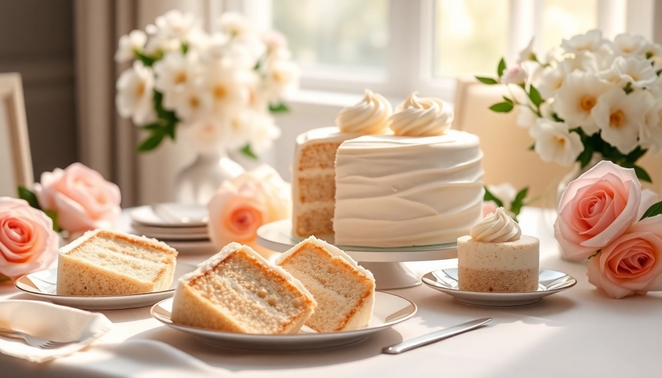 Bereid een mousseline cake met elegante decoraties op een gedekte tafel.