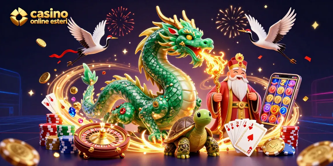 Scopri i migliori casino online esteri e i loro bonus attraverso un'illustrazione vivace e dettagliata.