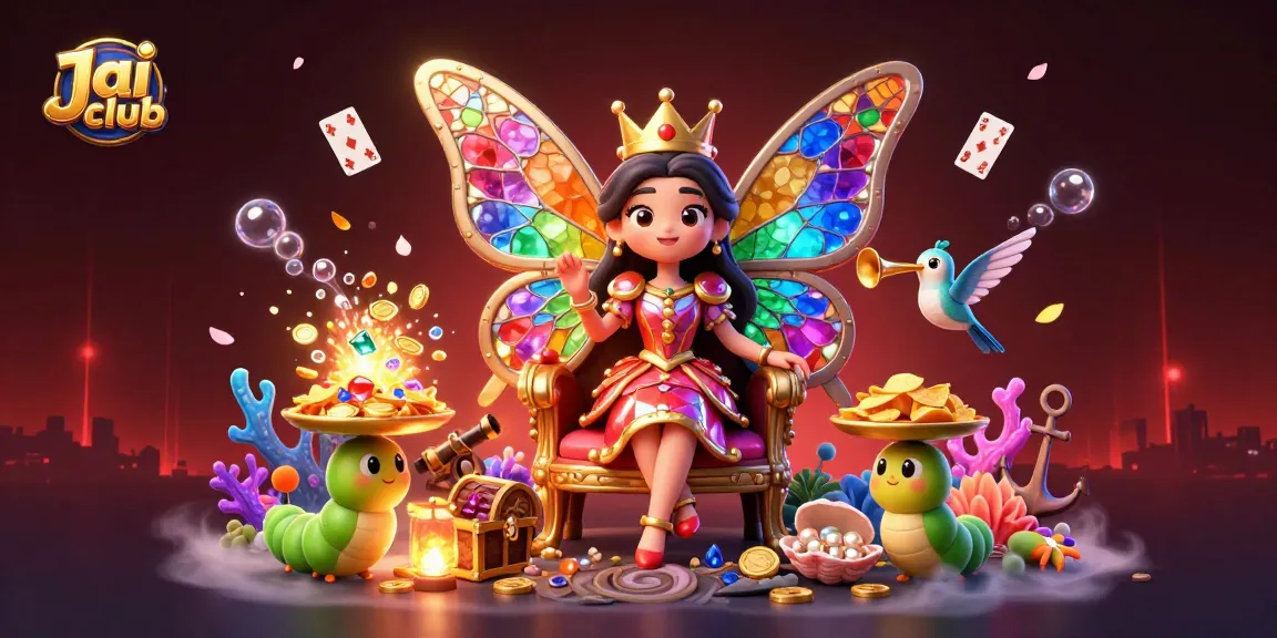 Experience the vibrant world of Jai club, featuring a butterfly queen and exquisite casino elements, all in a 3D digital illustration.