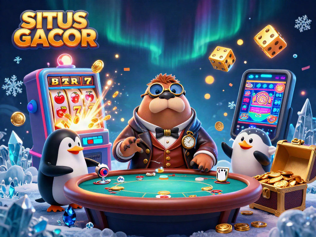 Engage in winning strategies with SITUS GACOR represented by a jolly walrus and friends at a vibrant poker table.