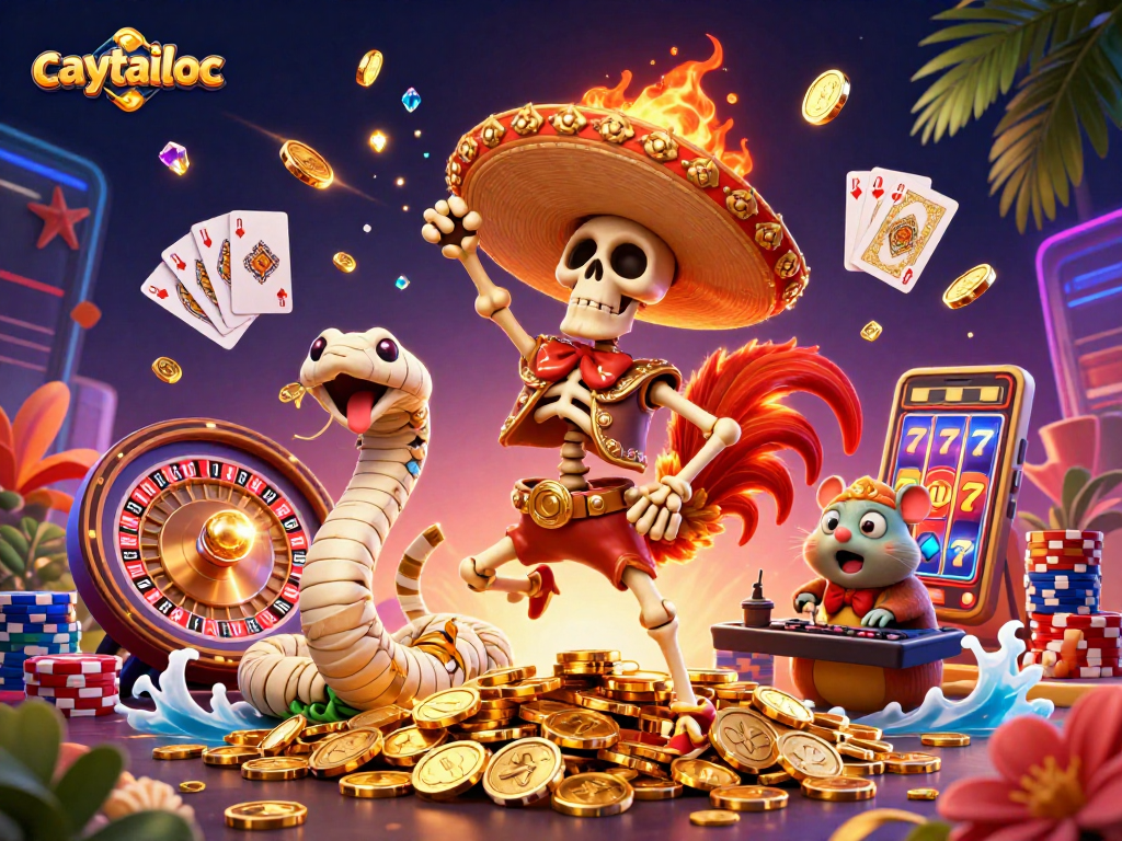 Caytailoc offers an exhilarating jackpot experience featuring a winning skeleton mariachi rooster and dynamic symbols.