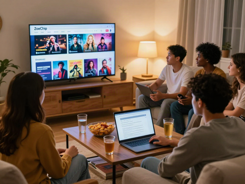 Friends streaming movies on ZoeChip in a cozy living room