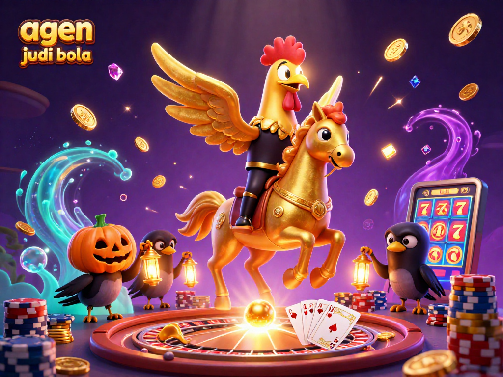 Experience the excitement of agen judi bola with golden rooster and spectral horse amid dazzling casino elements.